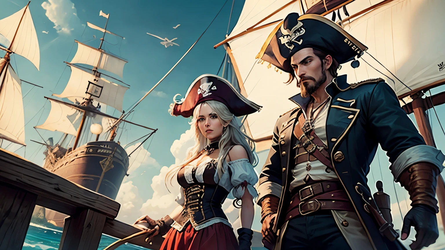 pirate crew on the ship and preparing to set sail on their ship.