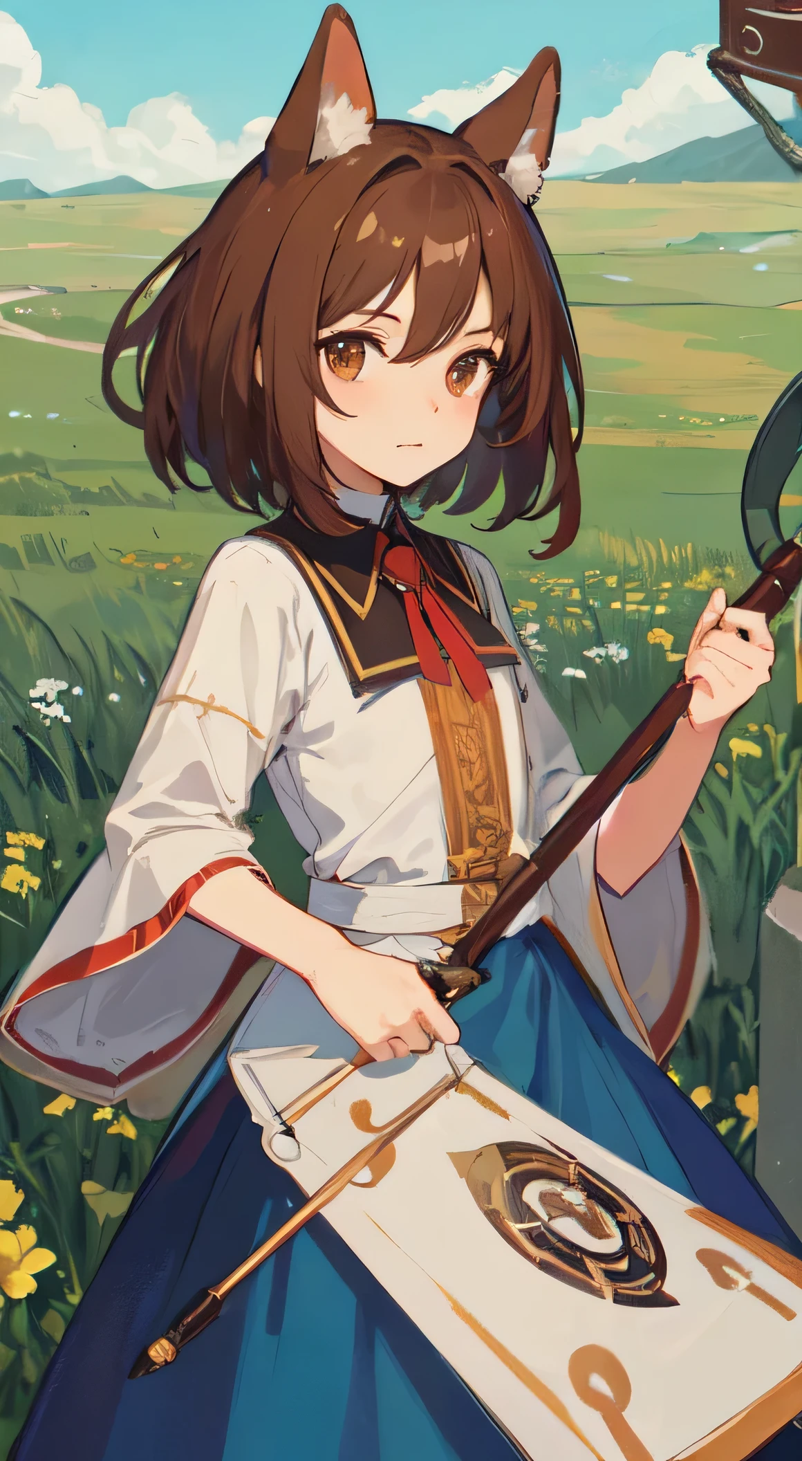 19 year old female ,Brown medium length hair, brown eyes, Thin, Big , Animal ears, alice costume, Staff, Magician,magic circle, Make it like tarot anime style but without the frame, innocent eyes ,Small animals, life, grassland, vitality
