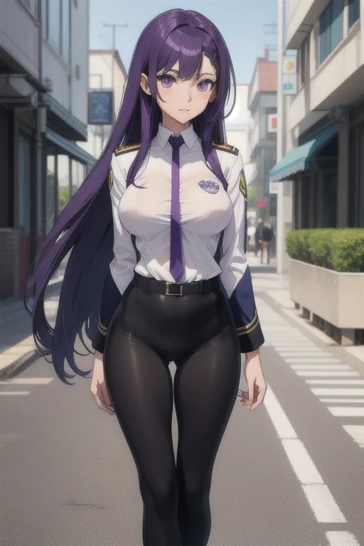 A girl with long straight purple hair and purple eyes with tan skin and full breasts standing straight facing the viewer in a academy uniform, perfect,