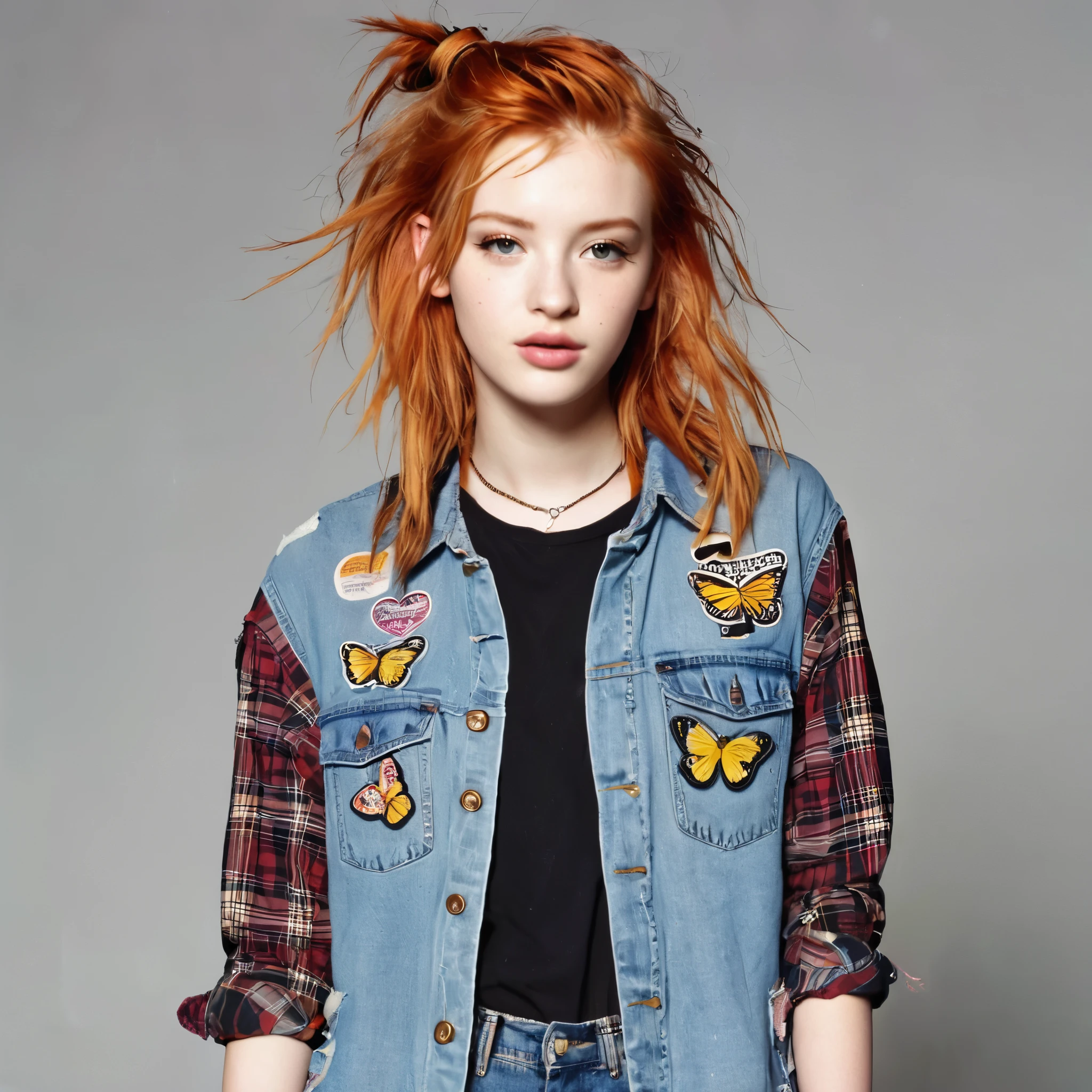 Gorgeous ginger  hair girl wear ablend of grunge and preppy styles. Think flannel shirts paired with ripped jeans or overalls, Doc Martens boots, graphic tees, denim jackets, and backpacks adorned with patches. Layering was key, with slip dresses over t-shirts or cropped sweaters over high-waisted jeans. Hair accessories like scrunchies and butterfly clips were popular, along with minimal makeup