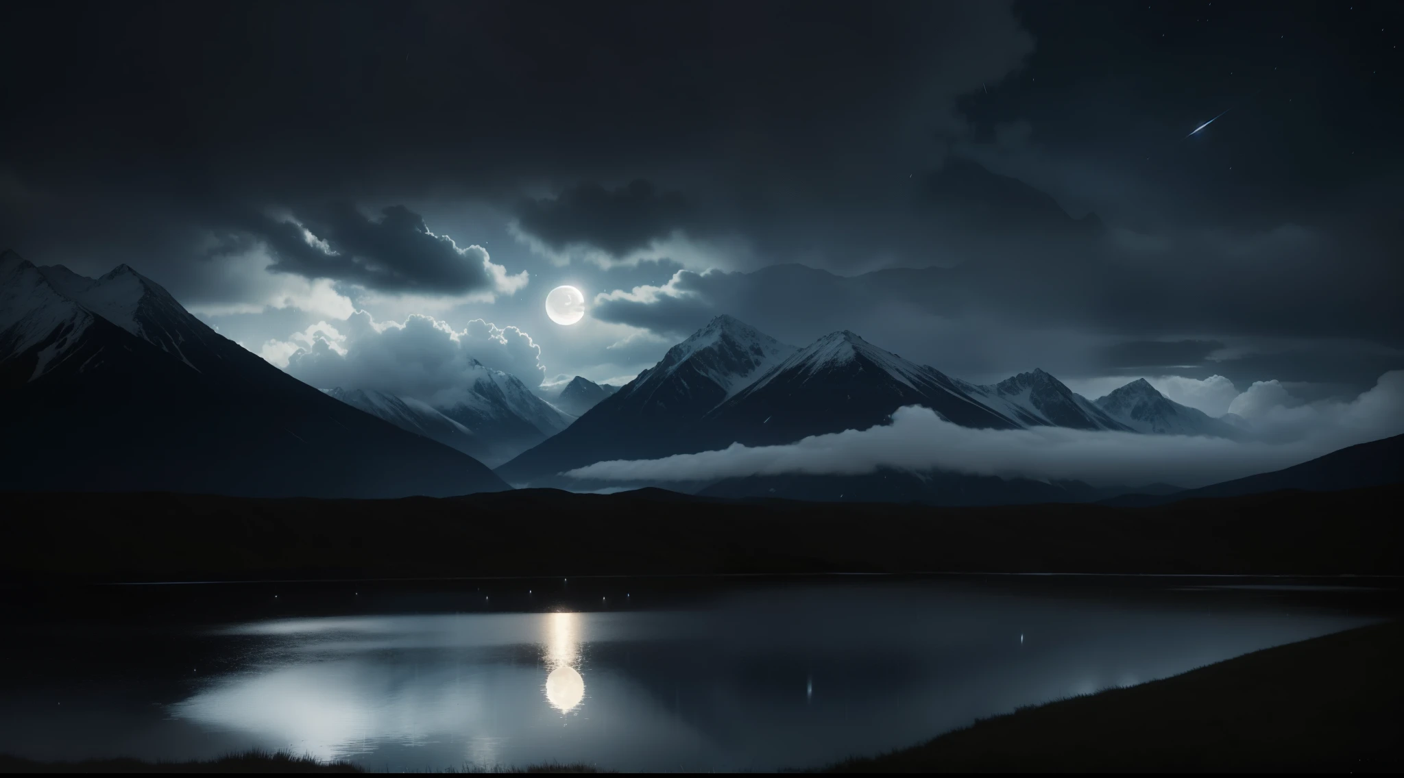 ((Moon reflecting through rain drops)) Ultra realistic, rain shower in Mountains, Storming, Cinematic, rain drops passing Moonlight, Hyper Realism, ((NO PEOPLE)), grey Sky, Semi Visible Stars, large Realistic moon, Slight Street In Bottom Frame.