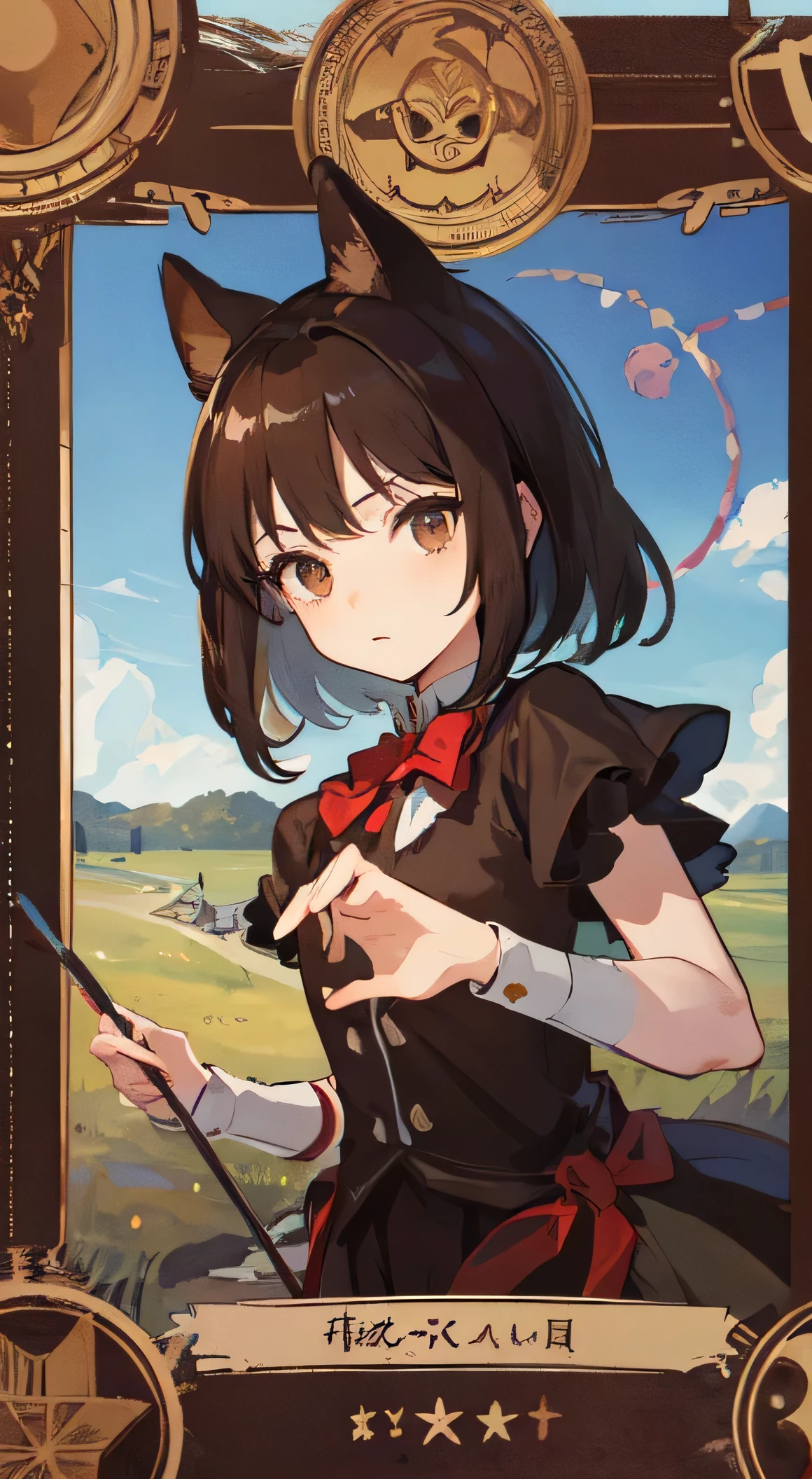 19 year old female ,Brown medium length hair, brown eyes, Thin, Big , Animal ears, alice costume, Staff, Magician,magic circle, Make it like tarot anime style but without the frame, innocent eyes ,Small animals, life, grassland, vitality