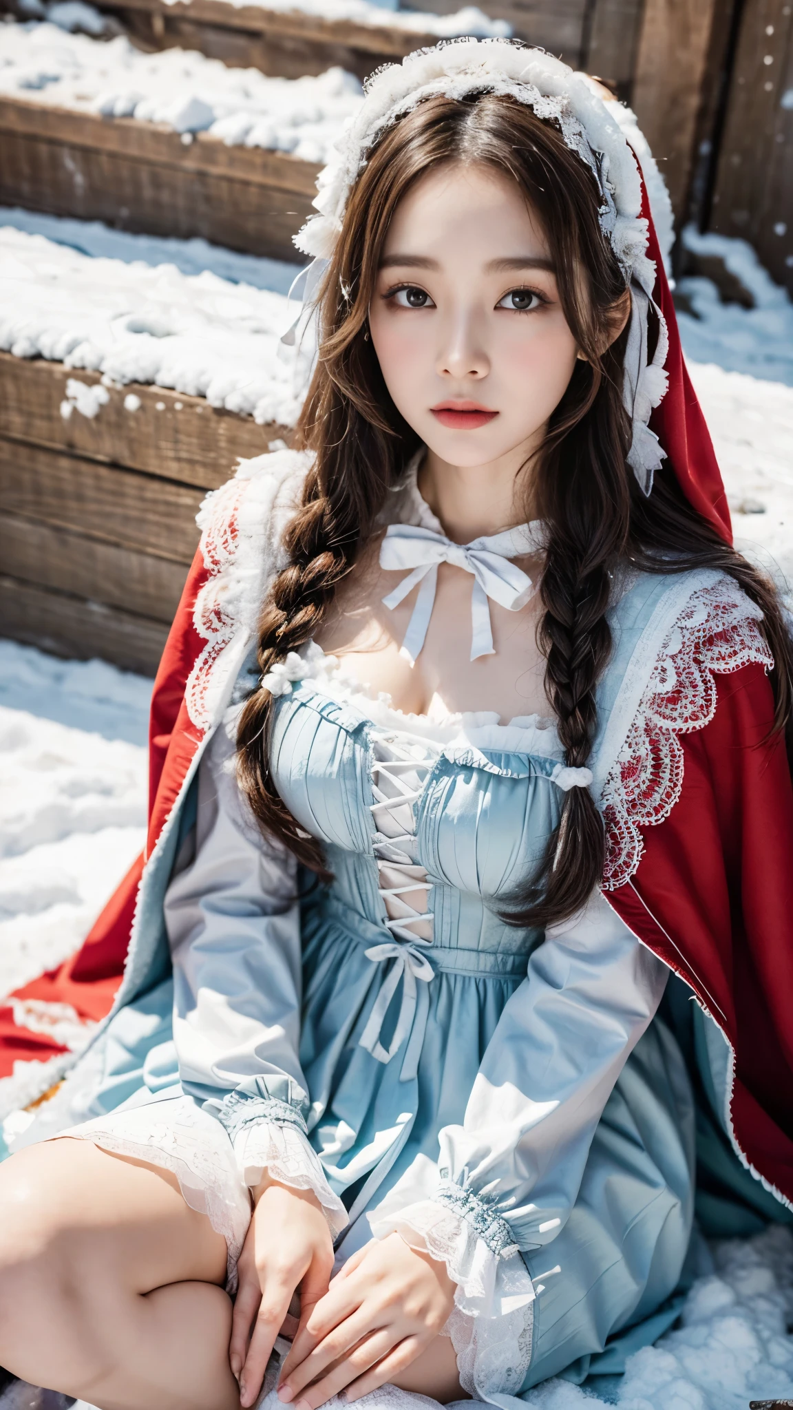 (8K, RAW photos, best qualtiy, tmasterpiece:1.2),(realisticlying, photograph realistic:1.4)
Lolita costume,Lace, Aerith Gainsborough, sat on the ground,(Cloak,do lado de fora,Cover with snow,snowfield) high high quality, highdetailskin, looking at viewert,