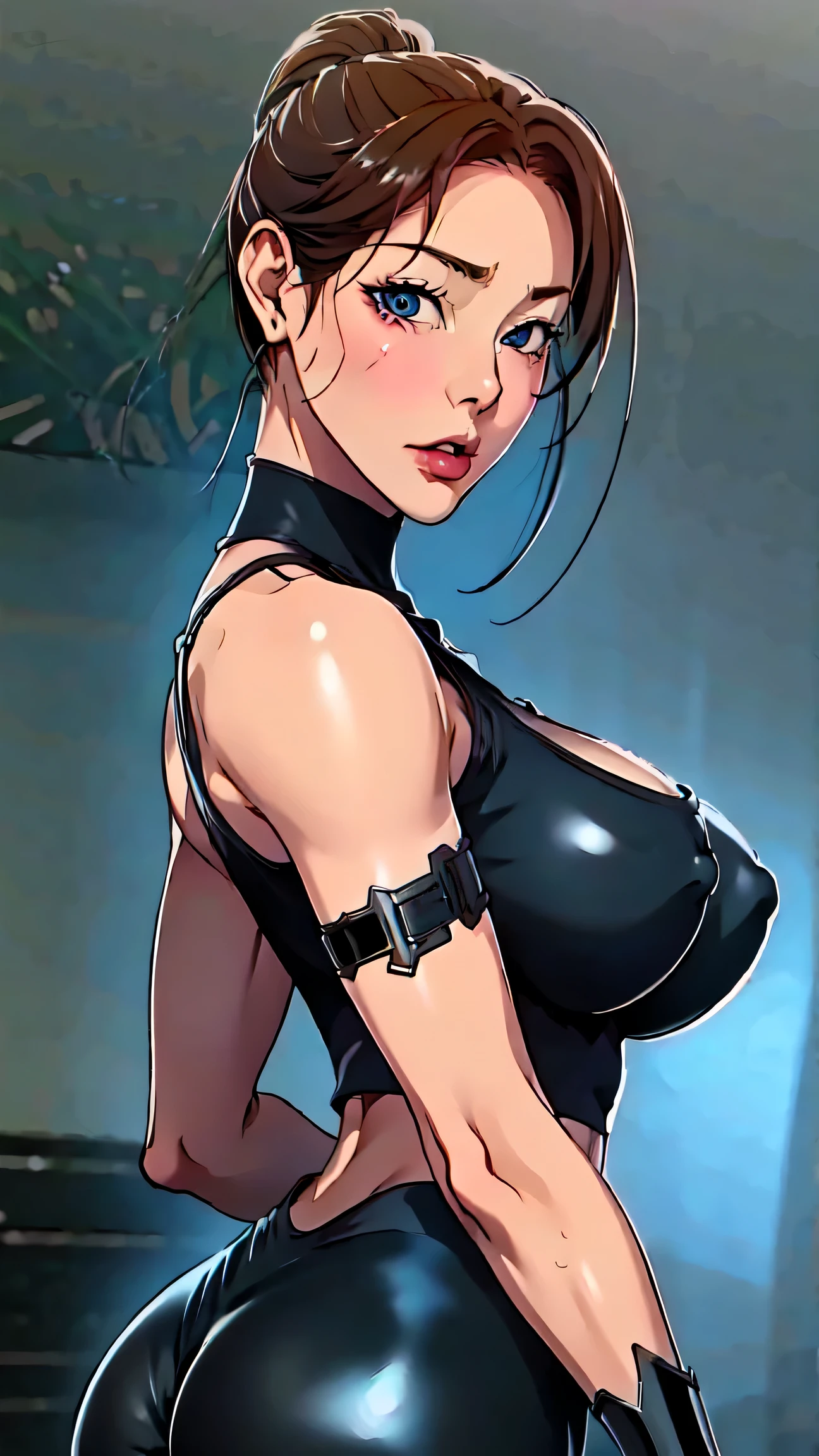 (masterpiece), best quality. expressive eyes, perfect,Detailed Face (Expressive Detailed Eyes) Beautiful,Gorgeous.lntricate Hair,Ultra-Detailed, Correct Proportions,Best Texture,a female anime style character,4k,HD, high Detailips,high detail hair,High detail skin,high detail body, High detail close,full body,one bare shoulder,looking at viewer,depth of field,black short hair with vines and braids,(skinny:1.2),(medium boobs:1.2),1girl,cyborg,Fleshy Lips,pink glossy lips,(blue eyes:1.2),pale skin(smooth skin), curvy,(tattoos:0.4),scar over left eye,(black tank Top with black bulletproof vest:1.2),(black leggings:1.2),black Vambraces Armor,black gauntlets armor,black Hand Armor,black Leg Armo,utility belt,High Heels Platform,Black holster,Drop Leg holster,gun holster, Knife hoster,one Open-Ear Earbud,Sirius face, streaked hair, hair stick,(20yo),(narrow_waist)( (beautiful_face:1.5), hair over shoulder