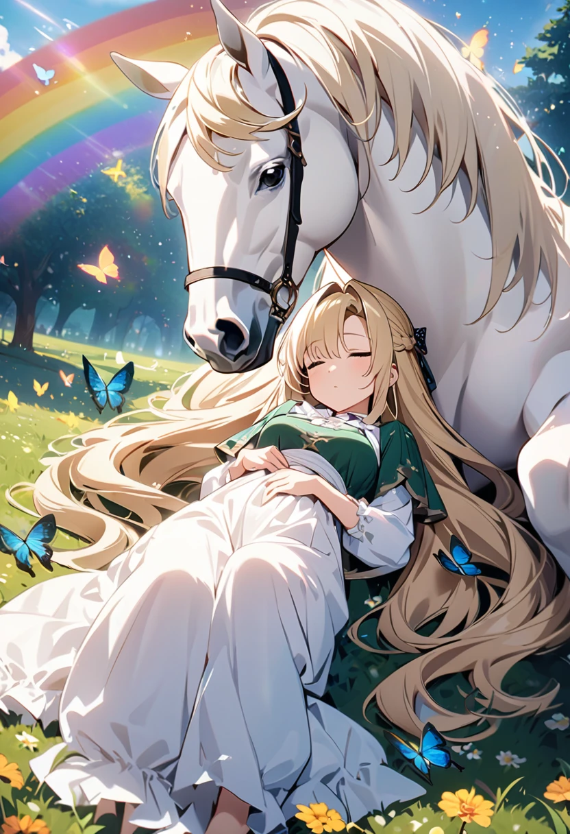 High resolution, high quality, high definition image, 8k1 girl solo.eclair Seaetto.Beautiful Anime Babe. wide field,one big tree, Lying down and sleeping with a white horse, rainbow, lots of butterflies