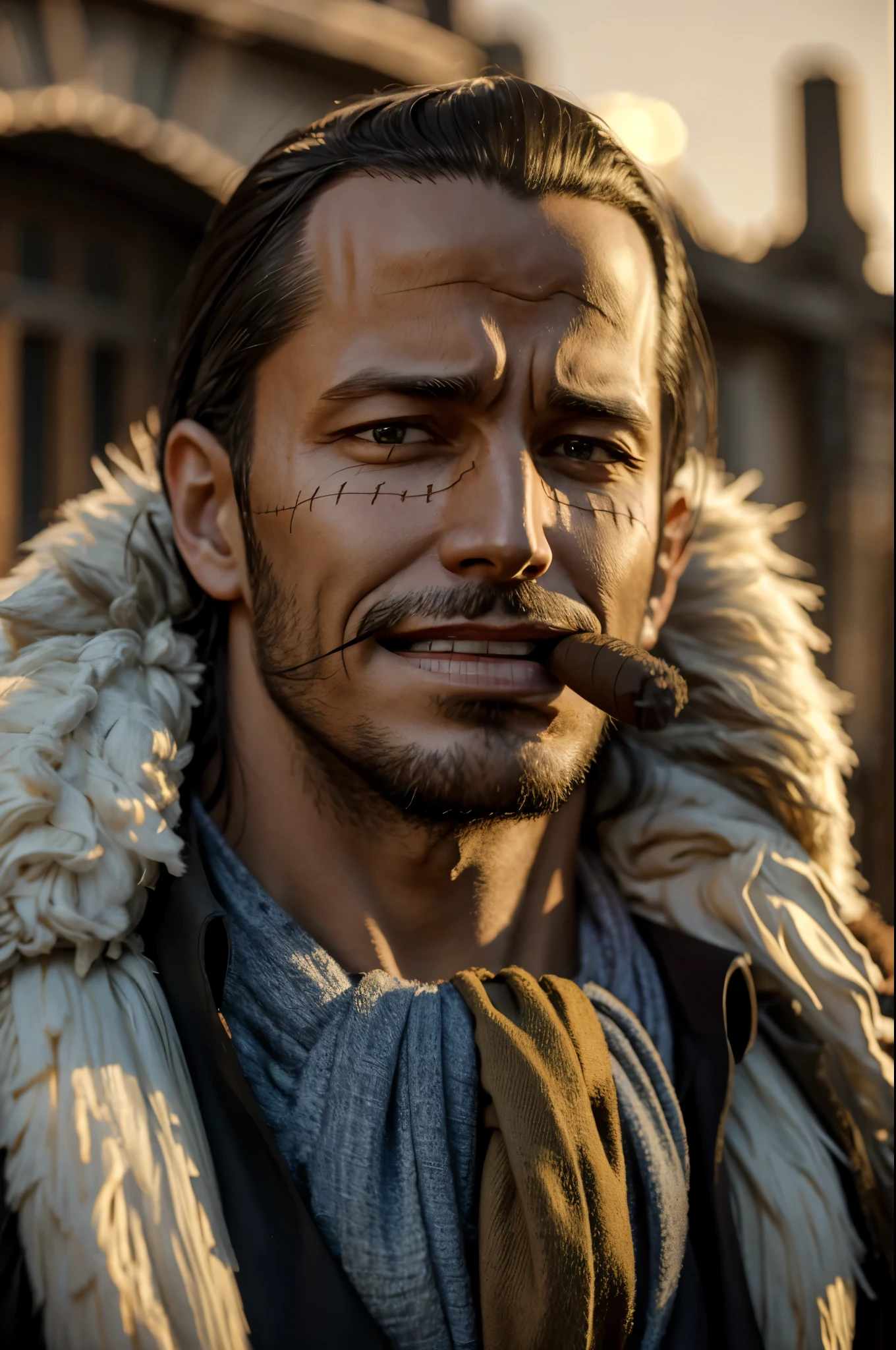 masterpiece, best quality, extremely detailed, hyperrealistic, photorealistic, a cool 40s man, ultra detailed face:1.2, fur-trimmed coat, scarf around the neck, his left hand is a golden pirate hook:1.1, cigar, desert, in the sunset, sly smile
