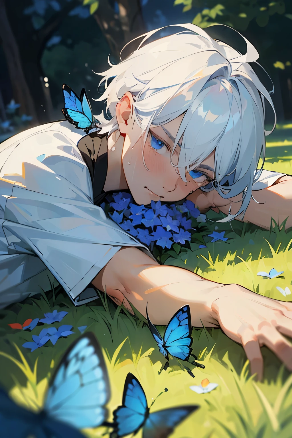 Excellent, masterpiece, white hair, blue eyes, hair, fair skin, man face with sharp angles in the garden park male bust shot lying on his side on the park grass with tears on his face a blue butterfly on his nose, clear despair in his eyes