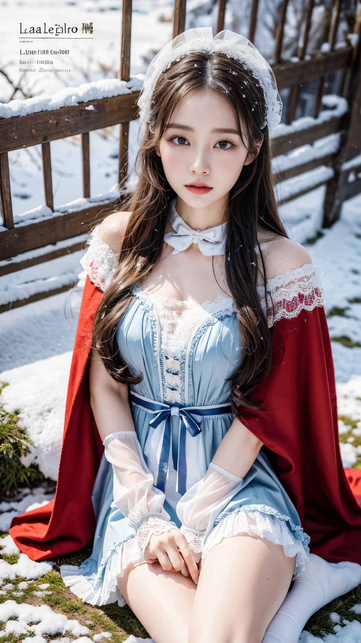 (8K, RAW photos, best qualtiy, tmasterpiece:1.2),(realisticlying, photograph realistic:1.4)
ta costume,Lace, Aerith Gainsborough, sat on the ground,(Cloak,do lado de fora,Cover with snow,snowfield) high high quality, highdetailskin, looking at viewert,