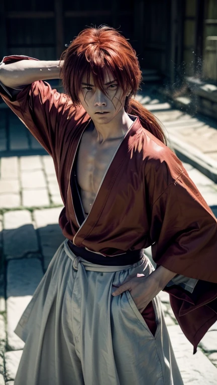 Design amazing postereatures kenshin as the protagonist "Rurouni Kenshin" In the heat of the moment. Capture the essence of his burning determination and indomitable spirit. For he unleashed his anger. Action with a perfect straight sword in hand , Keep it short, Bold, And strongly convey the raw power of Kenshin's anger. Long Hair, ponytail, Red Hair, white hakama, red kimono, cross sign on left cheek