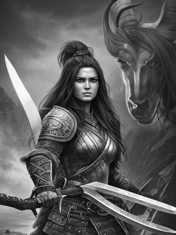 Charcoal pencil drawing, realistic drawing, black and white drawing, 4K, Best quality,create a digital painting, 4k, best quality,SexyToon,a woman in armor holding a knife and a knife in her hands, barbarian warrior woman, warrior woman , warrior, warrior girl, a very beautiful berserker woman, a beautiful warrior woman, valkyrie, barbarian woman, warrior queen, warrior princess, epic color illustration, north warrior, epic fantasy art style hd, very beautiful barbarian woman, beautiful warrior