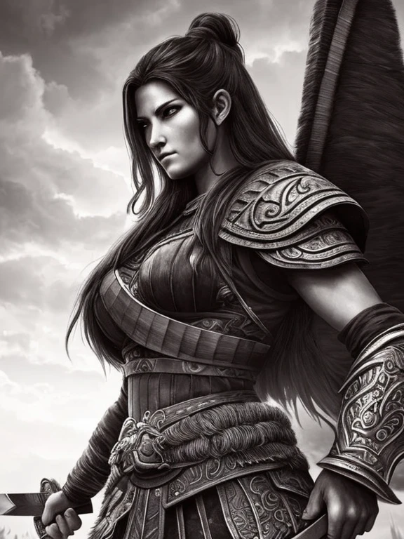 Charcoal pencil drawing, realistic drawing, black and white drawing, 4K, Best quality,create a digital painting, 4k, best quality,SexyToon,a woman in armor holding a knife and a knife in her hands, barbarian warrior woman, warrior woman , warrior, warrior girl, a very beautiful berserker woman, a beautiful warrior woman, valkyrie, barbarian woman, warrior queen, warrior princess, epic color illustration, north warrior, epic fantasy art style hd, very beautiful barbarian woman, beautiful warrior