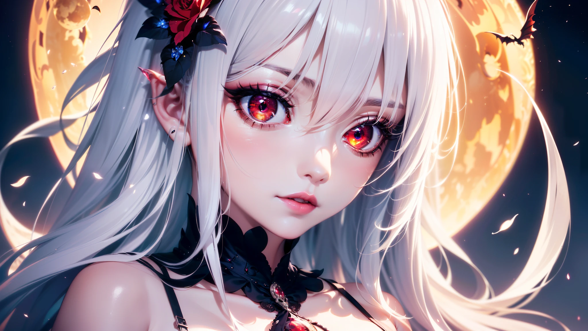 4K quality:1.2,1girl,sense of deps,disorganized,catch light,Super beautiful illustration,succubus,((white color,long hairstyles:1.3)),dark dark eyeshadow,(((4k,super beautiful,In detail,red eyes))),bright red lipstick,gothic ****ta,beautiful and delicate hair,full moon night