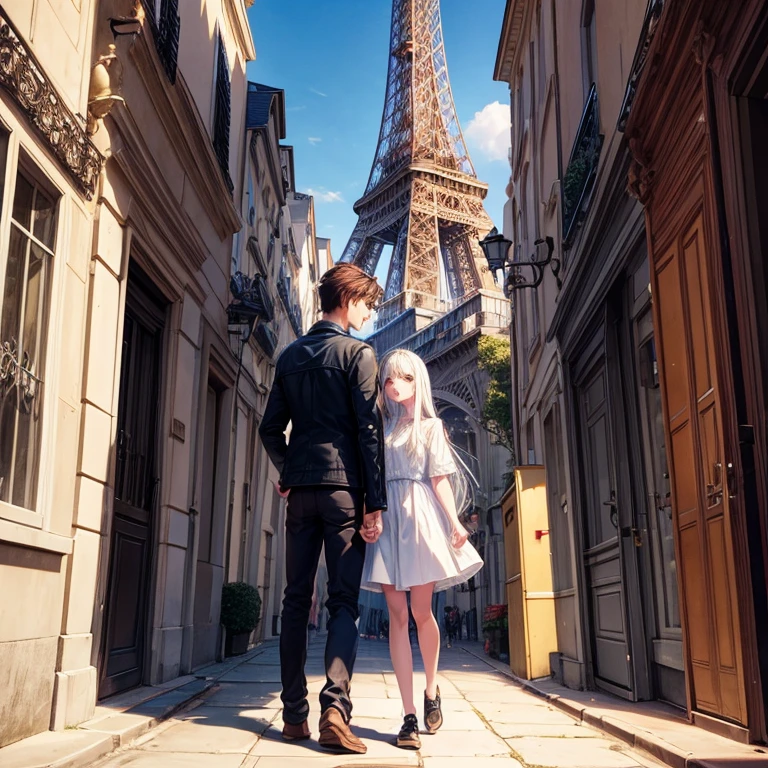 Two characters a girl and a boy have long hair she is white and the boy is dark-skinned with short hair next to each other drawing version on a Paris background in front of the Eiffel Tower