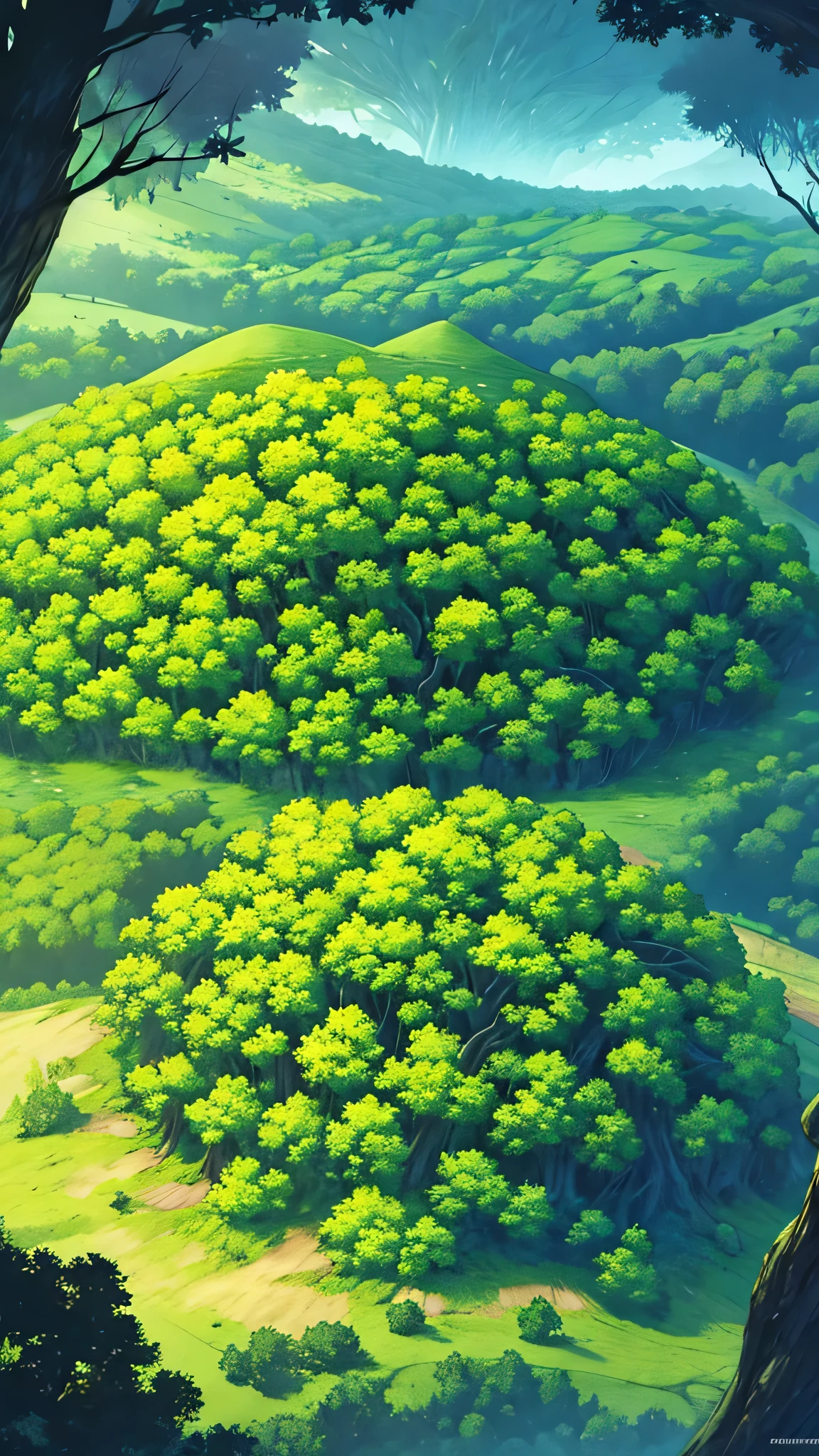 A detailed aerial view of a lush, ancient forest teeming with greenery, towering centuries-old trees, and a sense of mystery, inspired by RPG fantasy worlds, top-down perspective, detailed foliage, mythical atmosphere