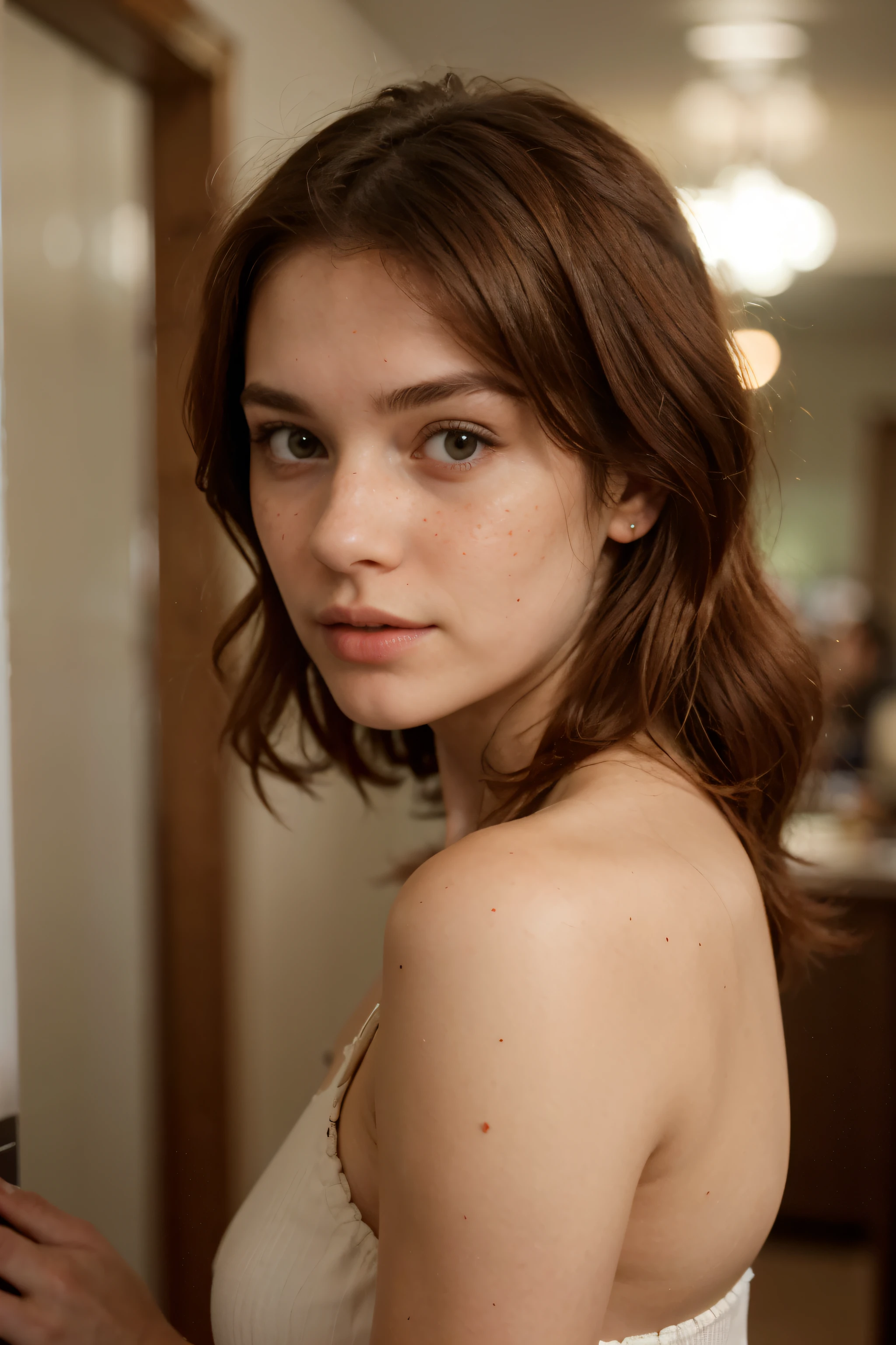 Very pretty woman, 18 years old, flaming red hair, a few freckles, . Facing forward. Very realistic.
