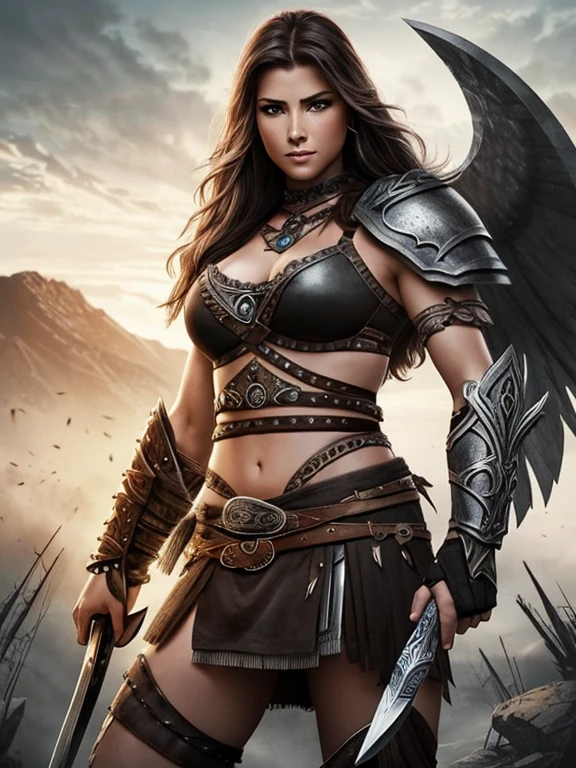 Charcoal pencil drawing, realistic drawing, black and white drawing, 4K, Best quality,create a digital painting, 4k, best quality,SexyToon,a woman in armor holding a knife and a knife in her hands, barbarian warrior woman, warrior woman , warrior, warrior girl, a very beautiful berserker woman, a beautiful warrior woman, valkyrie, barbarian woman, warrior queen, warrior princess, epic color illustration, north warrior, epic fantasy art style hd, very beautiful barbarian woman, beautiful warrior