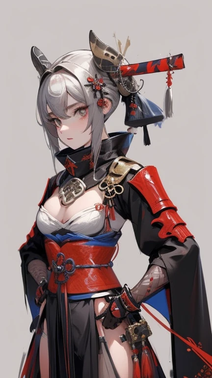 girl in samurai armor with fur around the neck and waist, usando casco de diablo, adornos de detalles polvorientos, cansado de la batalla, guerrera, Armadura, cicatrices