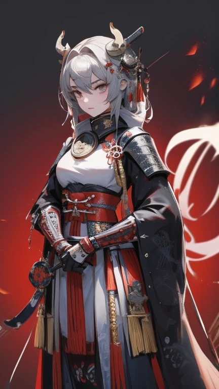 girl in samurai armor with fur around the neck and waist, usando casco de diablo, adornos de detalles polvorientos, cansado de la batalla, guerrera, Armadura, cicatrices