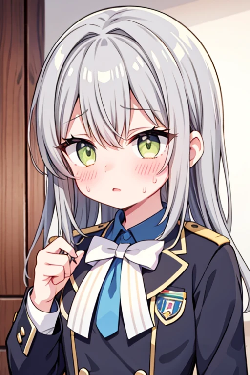 best quality, (masterpiece:1.2), detailed,
Sistine Fibel,
1girl, solo, open mouth, wavy mouth, nose blush, embarrassed,
long hair, grey hair, green eyes, blue hairband, animal ears,
school uniform, suspenders, blue capelet, white shirt, blue choker, red ribbon, miniskirt, white skirt, navel, gloves,
standing, looking at the viewer,
indoors, classroom