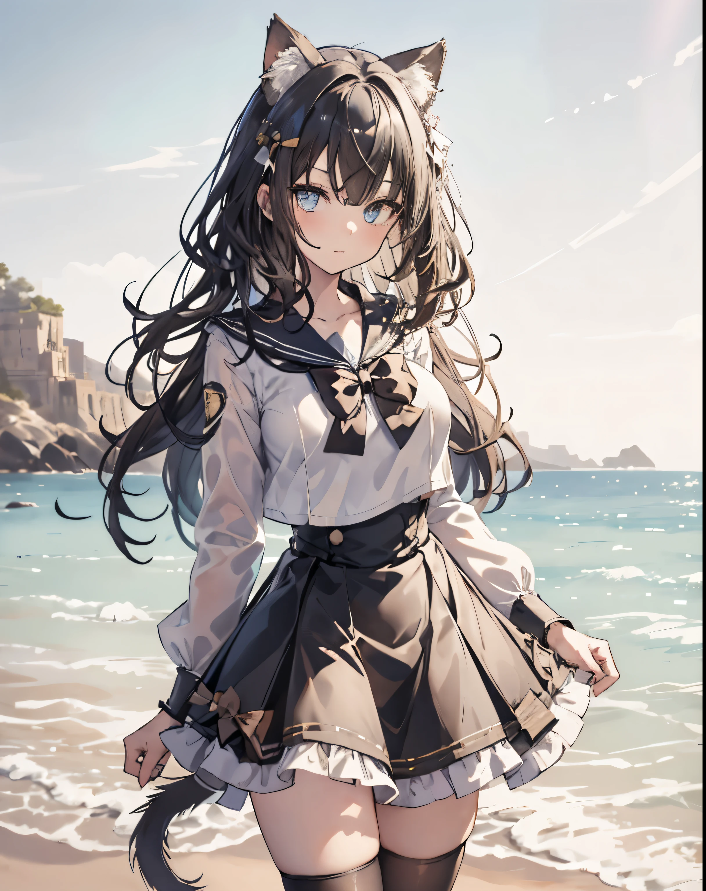 masterpiece, 1girl, sparrow, a black haired girl, wearing a sailor clothes, curly long hair, messy hair, slim body, he close her left eye, shirt ornament, aqua eyes, ahoge, baby face, huge breast, beautiful breasts, rounded breasts, long sleeves, beautiful eyes, white stocking, droopy eyes, skirt, black skirt, plaid skirt, her age is 19 years old, beach, bowtie, sailor collar, flared skirt, tight shirt, skirt, azusadress, cat ears