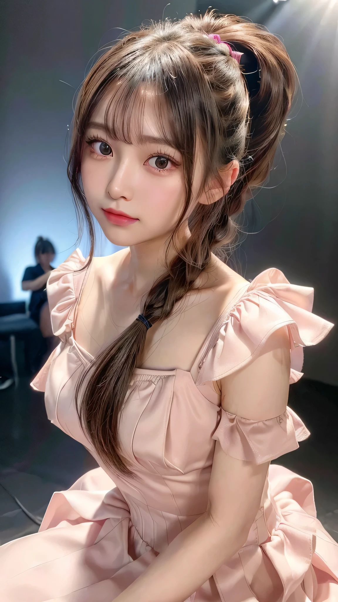 close up of face,blush,face forward,small breasts,,long hair ponytail,on stage,in the spotlight,((8K, Raw photo, best quality, muste piece:1.2), (Reality, photorealistic:1.4), (Highly detailed 8K wallpaper), Depth of the bounds written, cinematic lighting, soft light, detailed beauty eye,Shiny and smooth light brown ponytail, asymmetrical bangs, shiny skin, super detailed skin ,high resolution, high detail, detailed hairstyle, detailed beauty face, hyper real, perfect limbs, perfect anatomy ,1 Japanese girl,famous japanese idol, perfect female body,shy smile,short eyelashes,double-edged eyelids,look straight here,Hair style is ponytail、She is wearing a skirt with lots of frills,pose is random,Composition from the chest up,Pink frilly dress