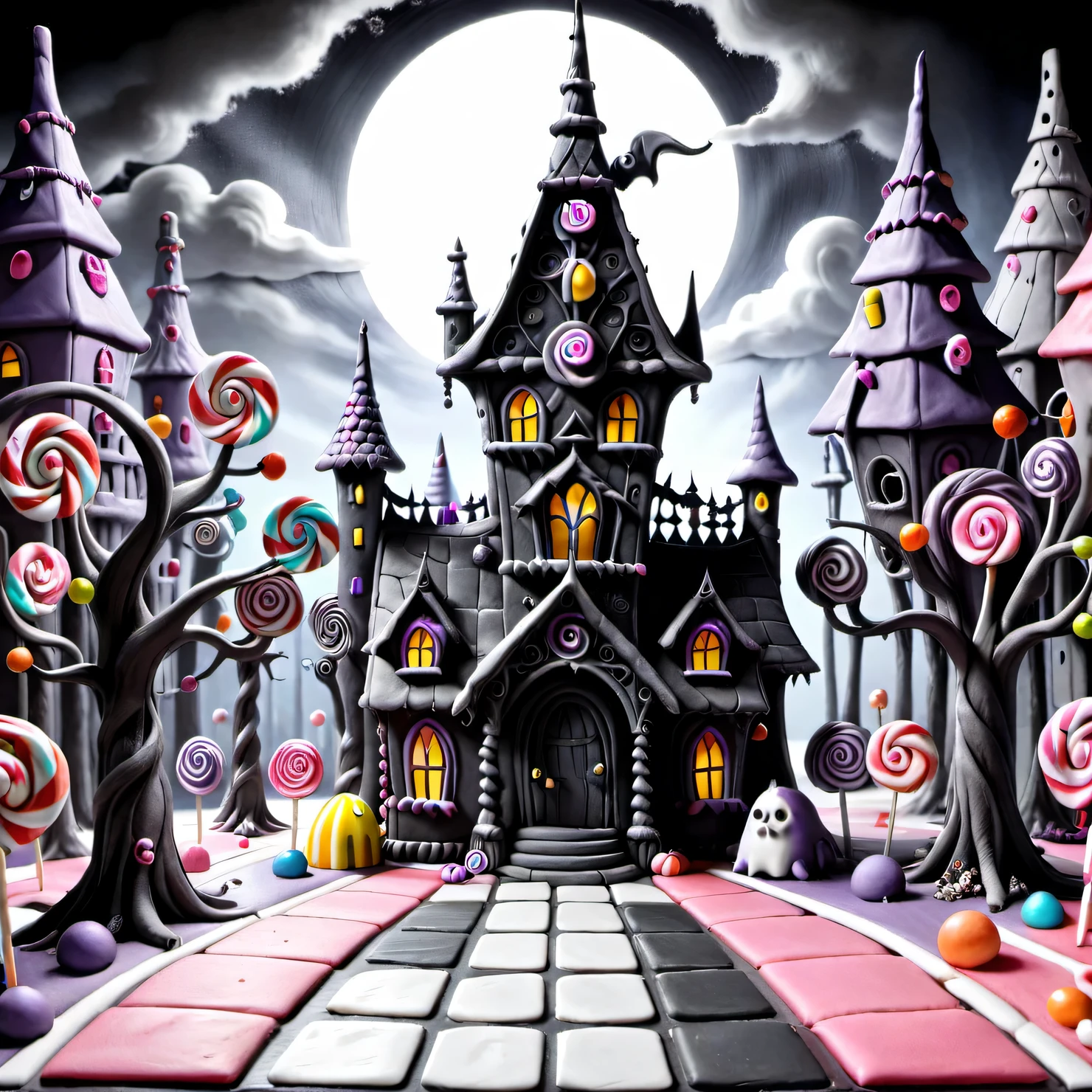 Dark fantasy, Very strange and gloomy Candyland with candy houses, candy intricate Gothic towers and candy trees, candy monsters, technically complex candy country, candy palette, Dark Fantasy, Candy magic, Candycore