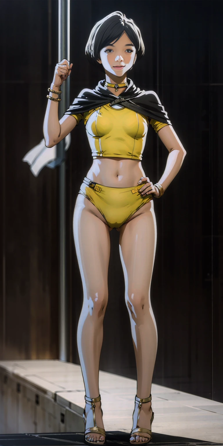((BLACK BACKGROUND,1:2, masterpiece)), full body MILF BIMBO standing with two long thighs and two high heels, red eyes, silver white hair, short bob style hair, big breasts, cleavage, separate sleeves, tiara royal, long cape up to two feet, yellow bikini, hands on waist, navel, lustful smirking smiling, smile face (red blushed, red cheeks), metal shoulders, gold sleeveless armbands, black leather choker slave collar, shackle bracelets, sex slave red crest, full body MILF BIMBO standing with two long thighs and two metal sandals, red eyes, silver white hair, short bob style hair, big breasts, cleavage, separate sleeves, tiara royal, long cape up to two feet, yellow bikini, hands on waist, navel, lustful smirking smiling, smile face (red blushed, red cheeks), metal shoulders, gold sleeveless armbands, black leather choker slave collar, shackle bracelets, sex slave red crest, pauldrons, breastplate, corset, eye focus, full body, whole body. 1solo . slave fighter, loincloth standing, hands on hips, metal sandals, backpack, choker, big belt, view from below, feet together, bracers, tiara)