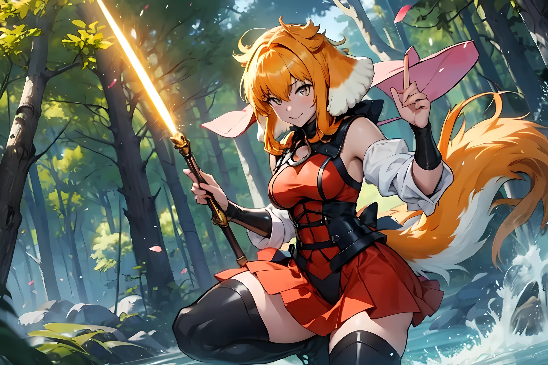 Anime, roxanne, dog ears, (dog tail), flying through the sky, golden leotard armor, In Battle, Chaos, shooting laser beams from hands, masterpiece ,pantyhose, boots,magicalgirl body suit, large skirt, smile, long skirt,standing, forest,smile, gold eyes