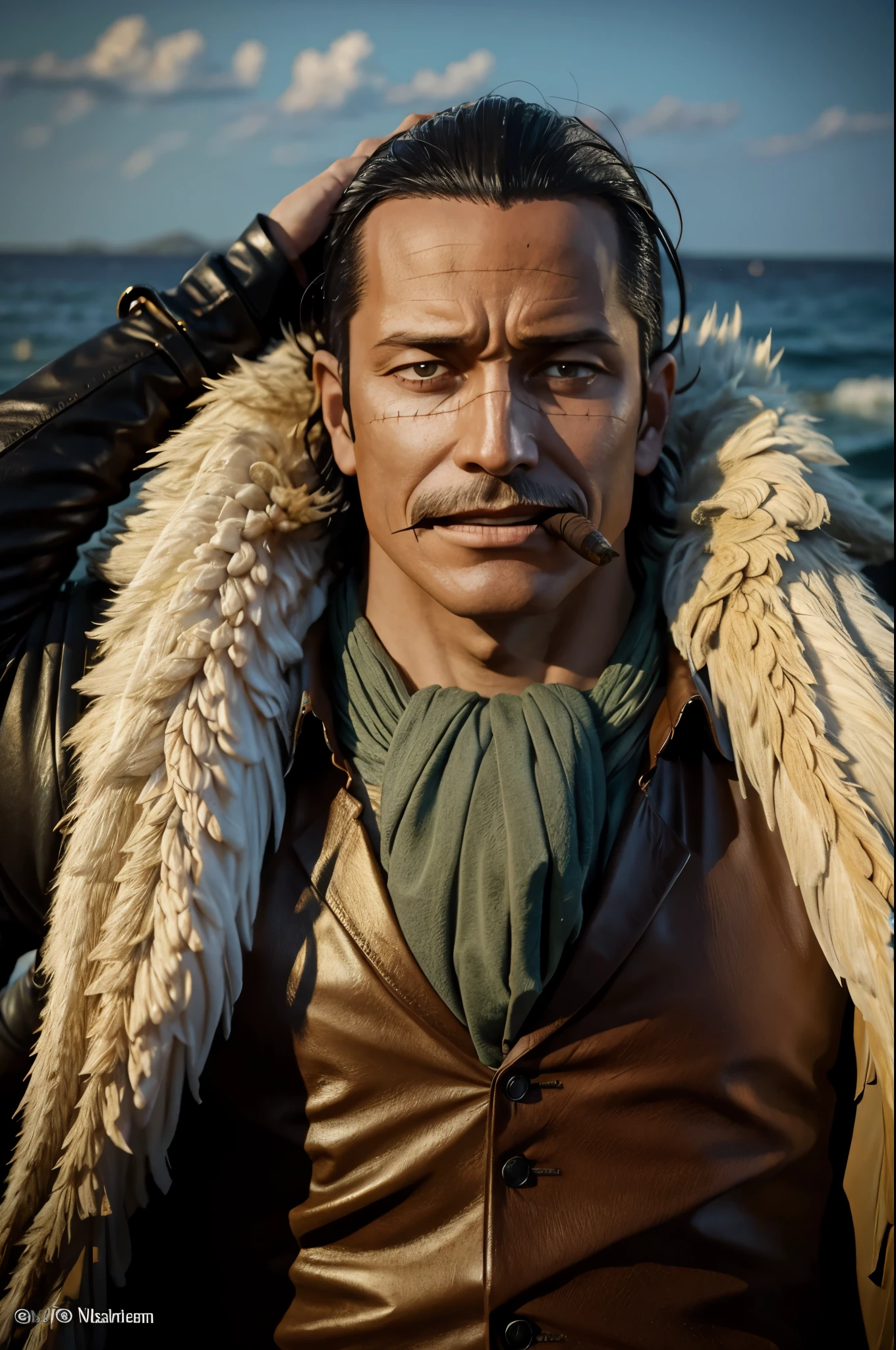 masterpiece, best quality, extremely detailed, hyperrealistic, photorealistic, a cool 40s man, ultra detailed face:1.2, fur-trimmed coat, scarf around the neck, his left hand is a golden pirate hook:1.1, cigar, ocean:1.1, in the night, outraged
