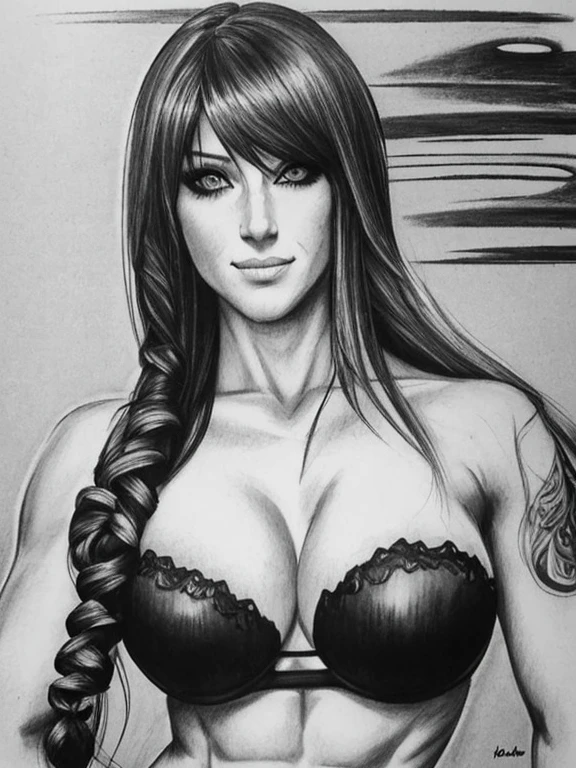 Charcoal pencil drawing, realistic drawing, black and white drawing, 4K, Best quality, muscular woman, freckles, long curly red hair with bangs, crystal blue eyes with smoky eyeshadow and black eyeliner, semi-matte black lipstick, pale showing the ass, smug and seductive smile, bikini, large futanari genital bulge