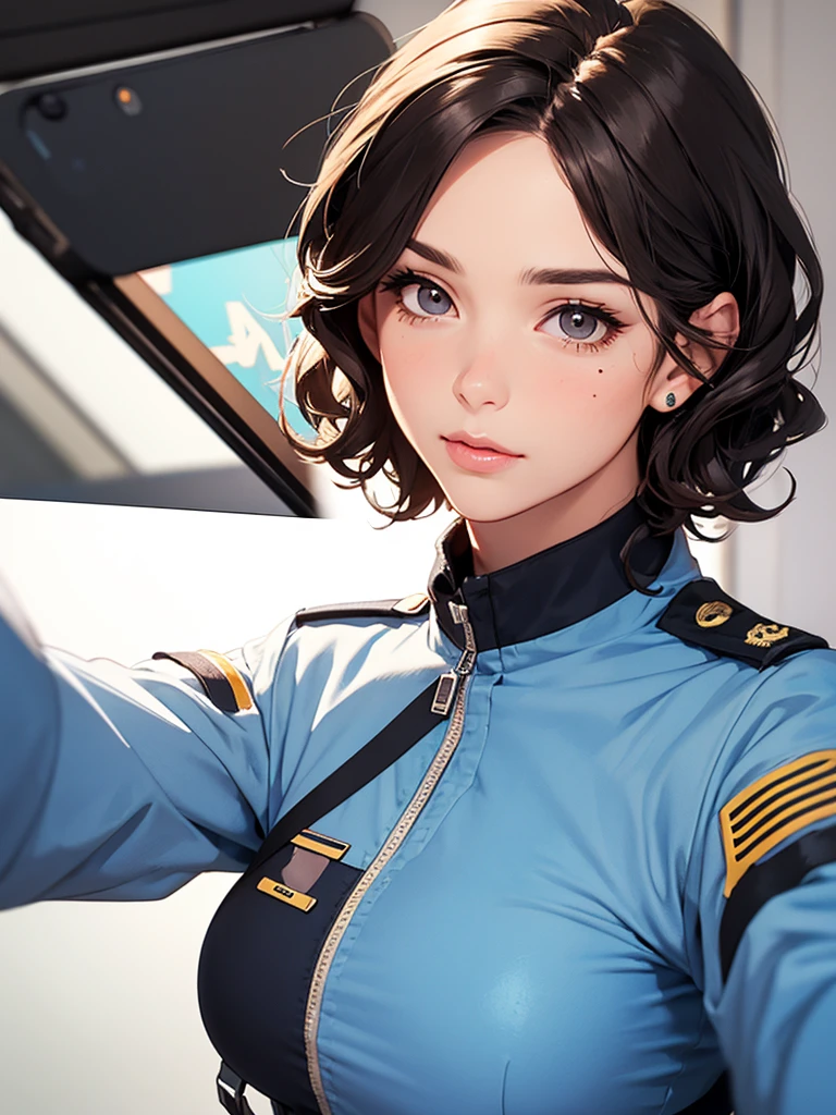 girl wearing air force pilot uniform, top shot,((Selfie)), random background, kiss, Fair, French short curly hair, There is a tear nevus under the left eye, medium breasts, Mole on upper left chest, Flirting look, ((Very detailed)), (Perfect facial details), (Detailed hands), realistic images.