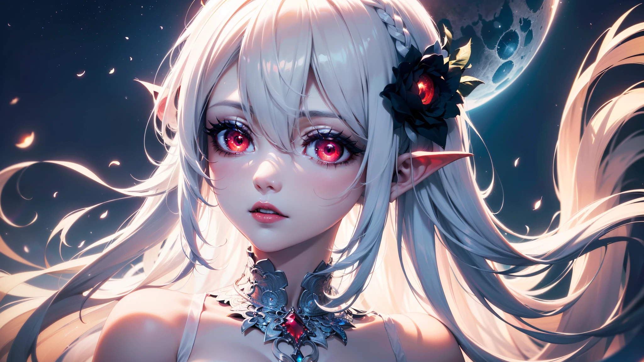 4K quality:1.2,1girl,sense of deps,disorganized,catch light,Super beautiful illustration,succubus,((white color,long hairstyles:1.3)),dark dark eyeshadow,(((4k,super beautiful,In detail,red eyes))),bright red lipstick,gothic lolita,beautiful and delicate hair,full moon night