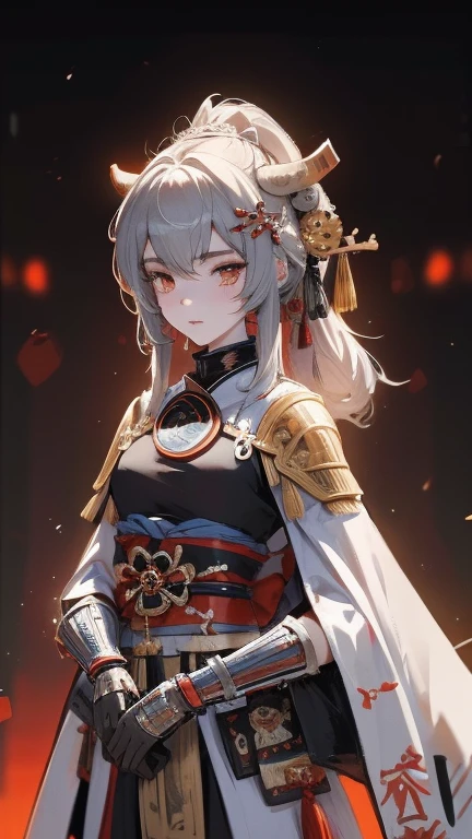 girl in samurai armor with fur around the neck and waist, oni helmet, adornos de detalles polvorientos, cansada de la batalla, guerrera, Armadura, cicatrices