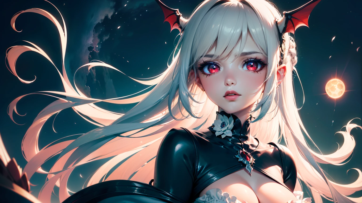 4K quality:1.2,1girl,sense of deps,disorganized,catch light,Super beautiful illustration,succubus,((white color,long hairstyles:1.3)),dark dark eyeshadow,(((4k,super beautiful,In detail,red eyes))),bright red lipstick,gothic ta,beautiful and delicate hair,full moon night