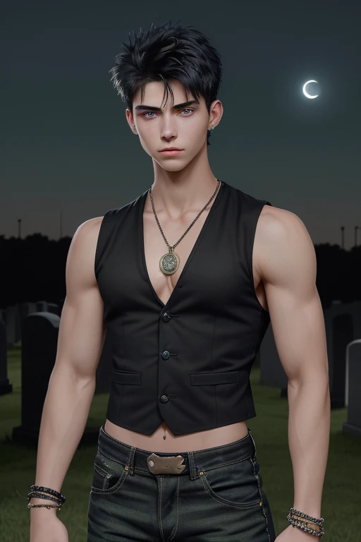 20-year-old boy, short black hair, black sleeveless shirt, open military green vest, grass print, slim muscular build, blue jeans, looking straight at the viewer, blue eyes, Trisquel medallion, black bead bracelets on both arms in the background of a cemetery at night with moon