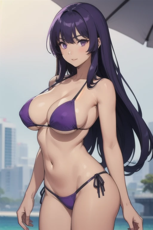 A girl with long straight purple hair and purple eyes with tan skin and full breasts standing straight facing the viewer in a bikini, perfect,