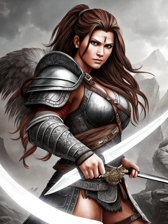 Charcoal pencil drawing, realistic drawing, black and white drawing, 4K, Best quality,create a digital painting, 4k, best quality,SexyToon,a woman in armor holding a knife and a knife in her hands, barbarian warrior woman, warrior woman , warrior, warrior girl, a very beautiful berserker woman, a beautiful warrior woman, valkyrie, barbarian woman, warrior queen, warrior princess, epic color illustration, north warrior, epic fantasy art style hd, very beautiful barbarian woman, beautiful warrior
