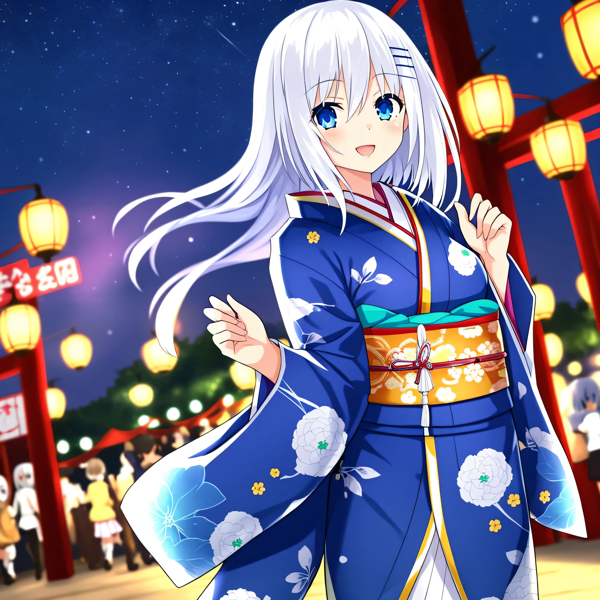 Origami Tobiichi, ultra high quality, 1girl, solo, white hair, beautiful girl, light smile, open eyes, detailed eyes, girl wearing a kimono, pretty anime girl, night, pale blue hair, ((long hair)), kimono, festival