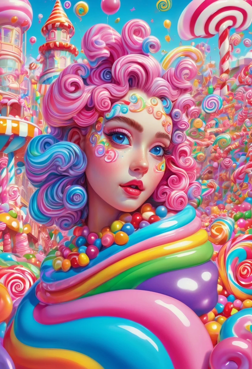 1girl, Candyland, aesthetic, vibrant colors Candyland wonderland gouache swirls detailed Candy art style! Whimsical playful colorful! candy!!! 🍬🍭 Candyland art!! “Hyperrealistic hyperdetailed highly detailed, digital illustration” postmodernism, artstation, poster art, dynamic lighting, cel-shaded, ray tracing reflections