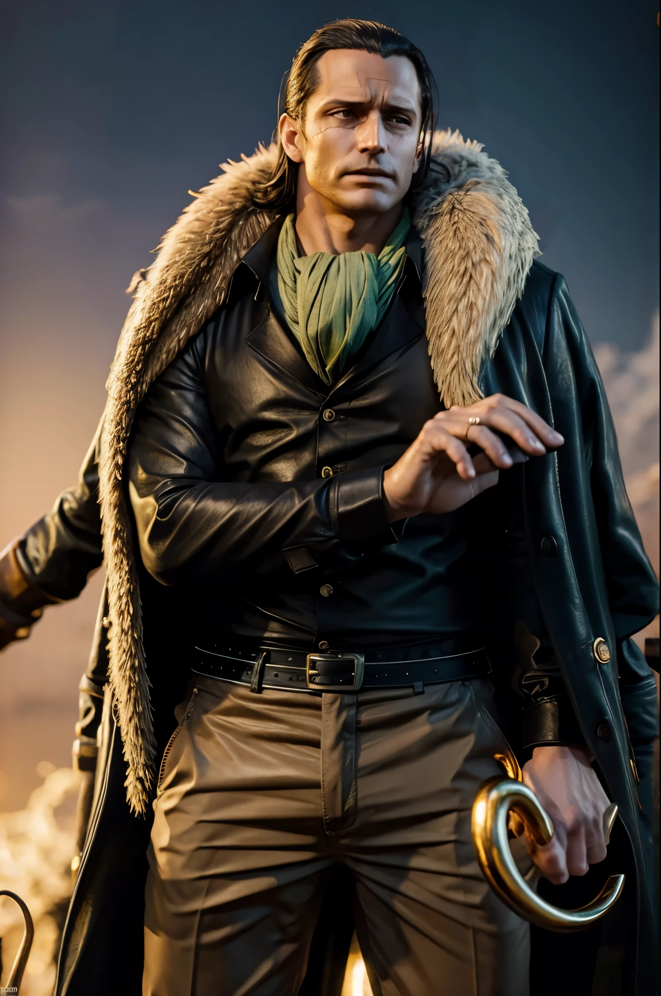 masterpiece, best quality, extremely detailed, hyperrealistic, photorealistic, a cool 40s man, ultra detailed face:1.2, fur-trimmed coat, scarf around the neck, his left hand is a golden pirate hook:1.1, cigar, ocean, in the night, outraged
