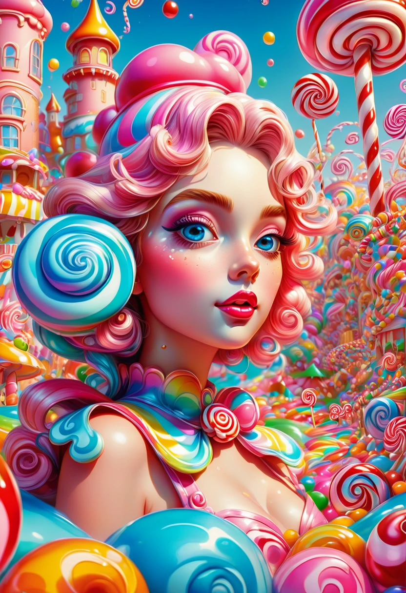 1girl, Candyland, aesthetic, vibrant colors Candyland wonderland gouache swirls detailed Candy art style! Whimsical playful colorful! candy!!! 🍬🍭 Candyland art!! “Hyperrealistic hyperdetailed highly detailed, digital illustration” postmodernism, artstation, poster art, dynamic lighting, cel-shaded, ray tracing reflections