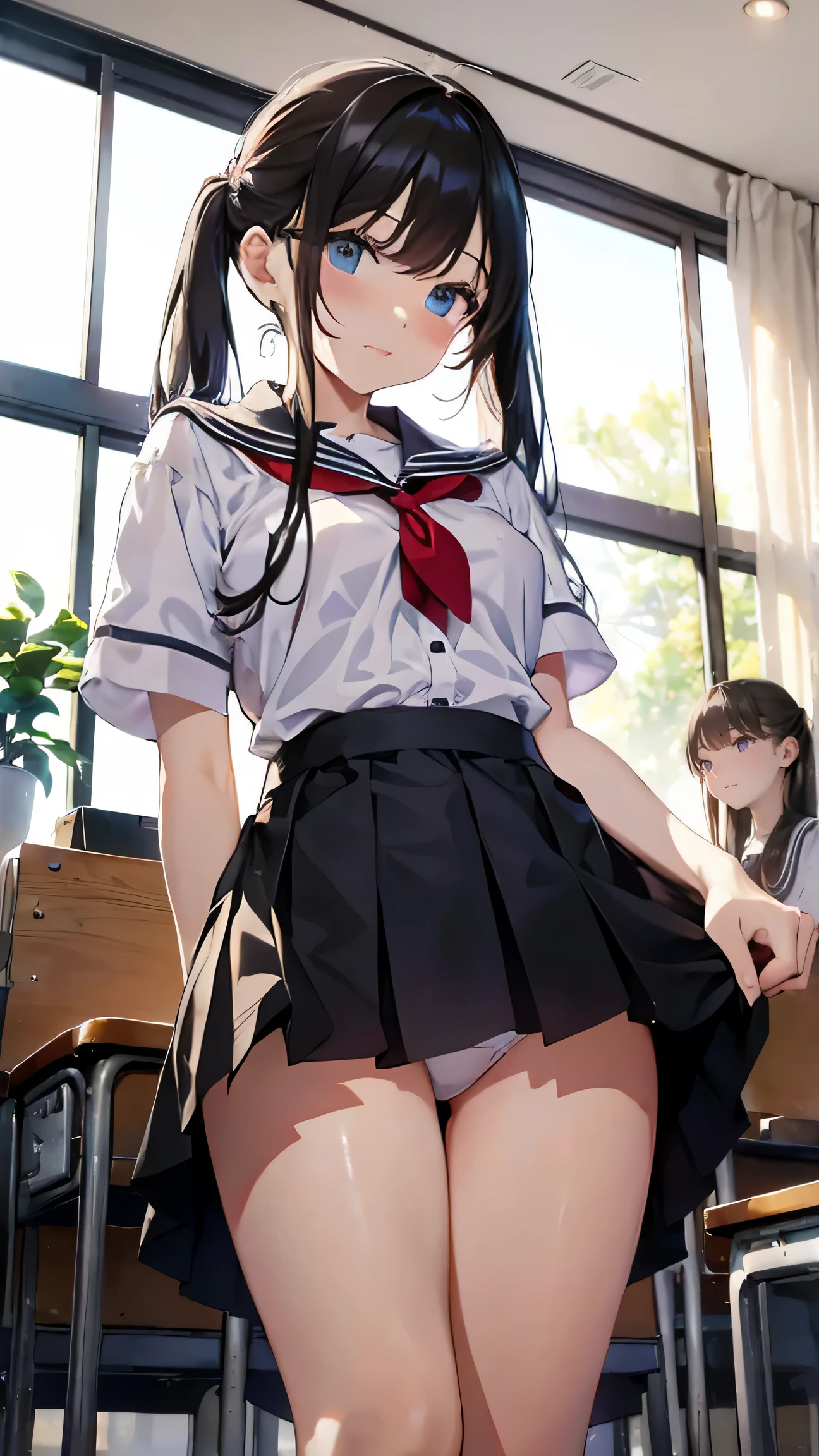 detailed clothes, detailed beautiful face,(((upskirt))),21yo.、((( / studentastride 、medium breasts 、(((school uniform)))、open vagina、((straddling))、(((showing panties1.5)))
skirt lift、pussy line、very short length white shirts with open chest、upskirt、from below,、twintails、(white panties:1.3),