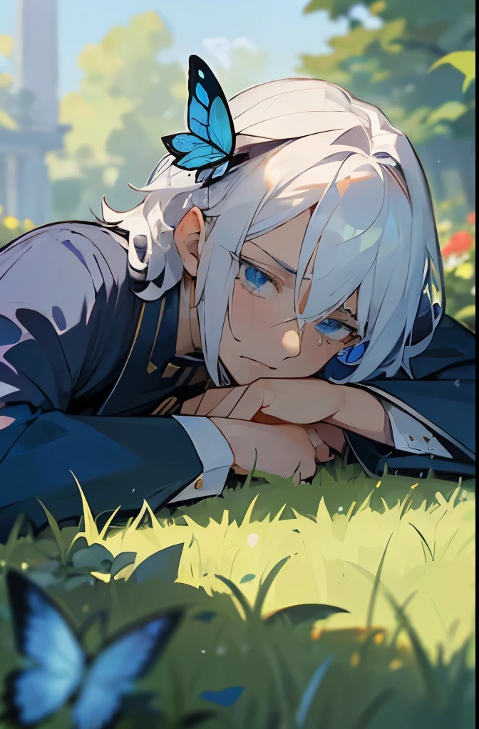 Excellent, masterpiece, white hair, blue eyes, hair, fair skin, man face with sharp angles in the garden park male bust shot lying on his side on the park grass with tears on his face a blue butterfly on his nose his hand gripping into the grass clear despair in his eyes