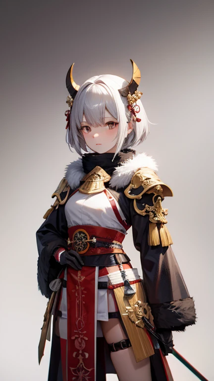 girl in samurai armor with fur around the neck and waist, oni helmet, adornos de detalles polvorientos, cansada de la batalla, guerrera, Armadura, cicatrices