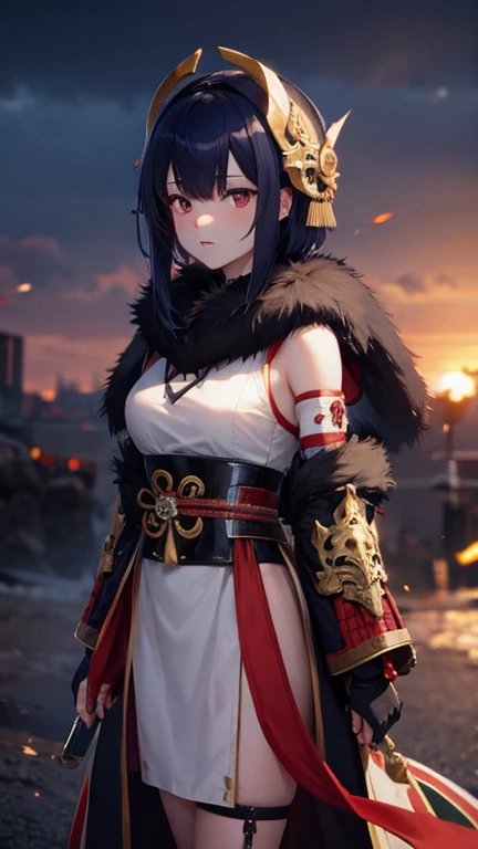 girl in samurai armor with fur around the neck and waist, oni helmet, adornos de detalles polvorientos, cansada de la batalla, guerrera, Armadura, cicatrices