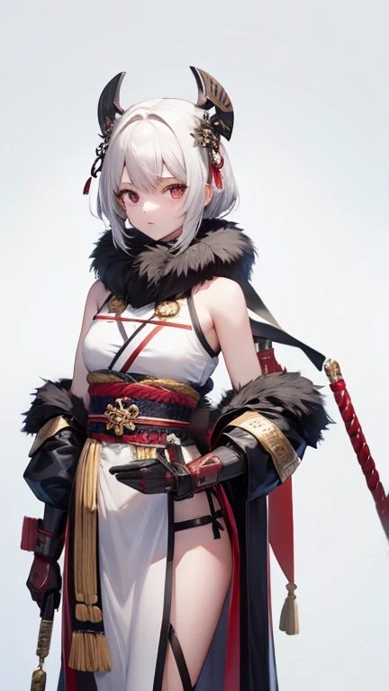 girl in samurai armor with fur around the neck and waist, oni helmet, adornos de detalles polvorientos, cansada de la batalla, guerrera, Armadura, cicatrices