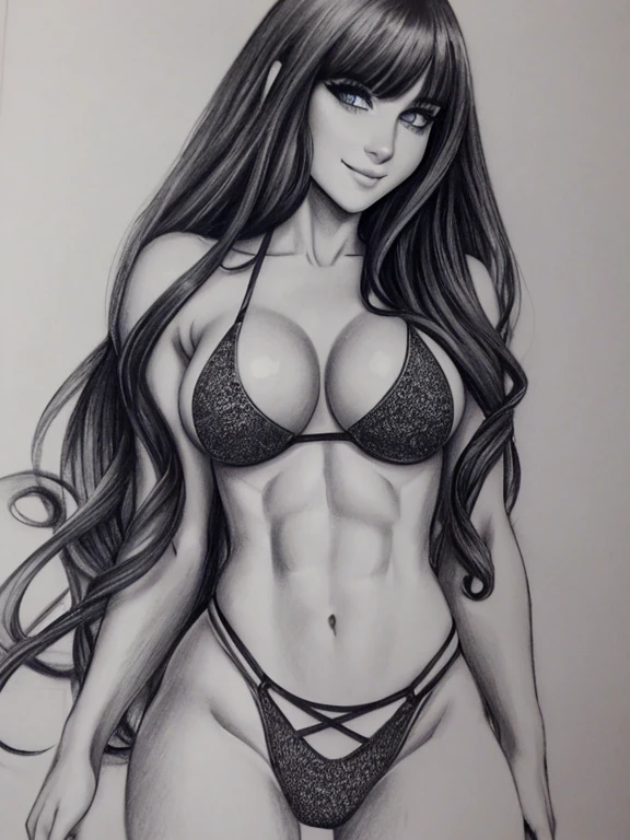 Charcoal pencil drawing, realistic drawing, black and white drawing, 4K, Best quality, muscular woman, freckles, long curly red hair with bangs, crystal blue eyes with smoky eyeshadow and black eyeliner, semi-matte black lipstick, pale showing the ass, smug and seductive smile, bikini, large futanari genital bulge