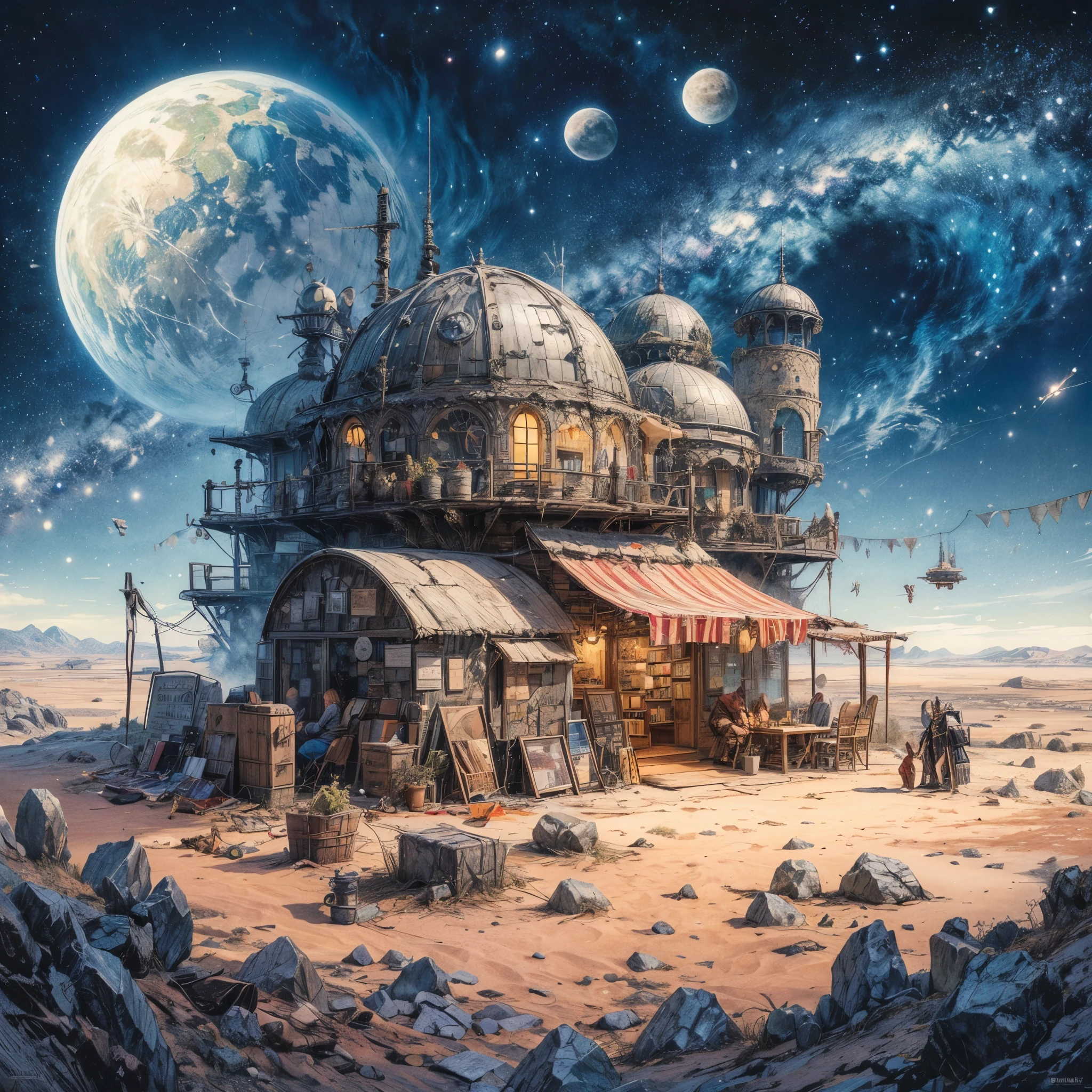 ((Meisterwerk, high quality, artgerm, artstation)), intricate ultra detailliert, vibrant color, hohe Details, painting of an outpost on a desert planet under a starry sky, metal domes, rocks and sand, Style of Moebius, Alejandro Burdisio Kunst, Rob McNaughton, Wissenschafts-Fantasy-Malerei, detaillierte Science-Fiction-Kunst, inspiriert von Alexander Burdisio, Stefan Koidl inspiriert, Science-Fiction-Illustrationen, Science-Fiction-Illustrationen, von Ludwik Konarzewski Jr, Kunstwerke der getragenen Weltraumbibliothek