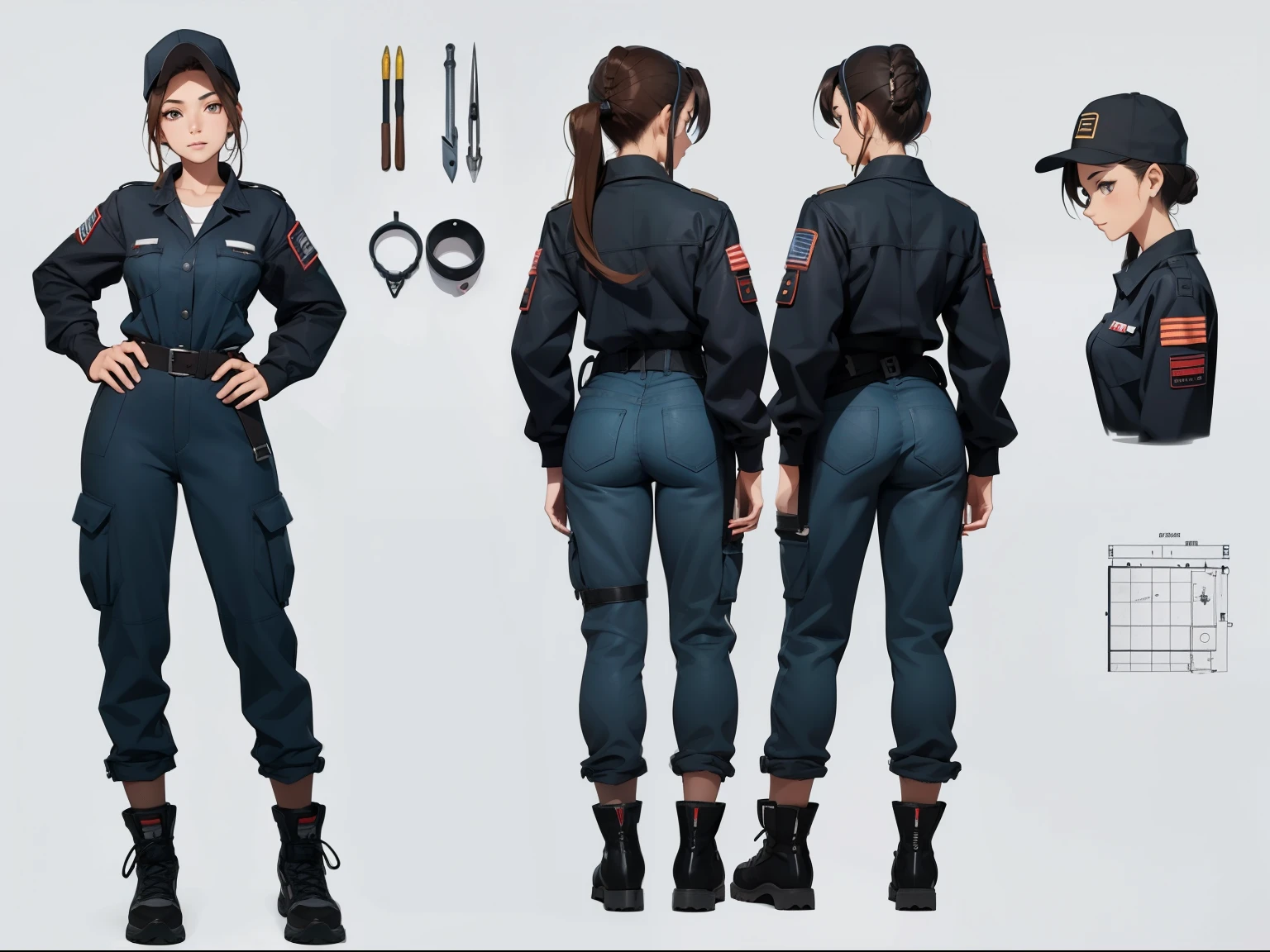 woman, 20 years old, mechanic, uniform, colored details, hat, tool belt, various angles, (front, back, side), character sheet, model sheet, reference sheet.