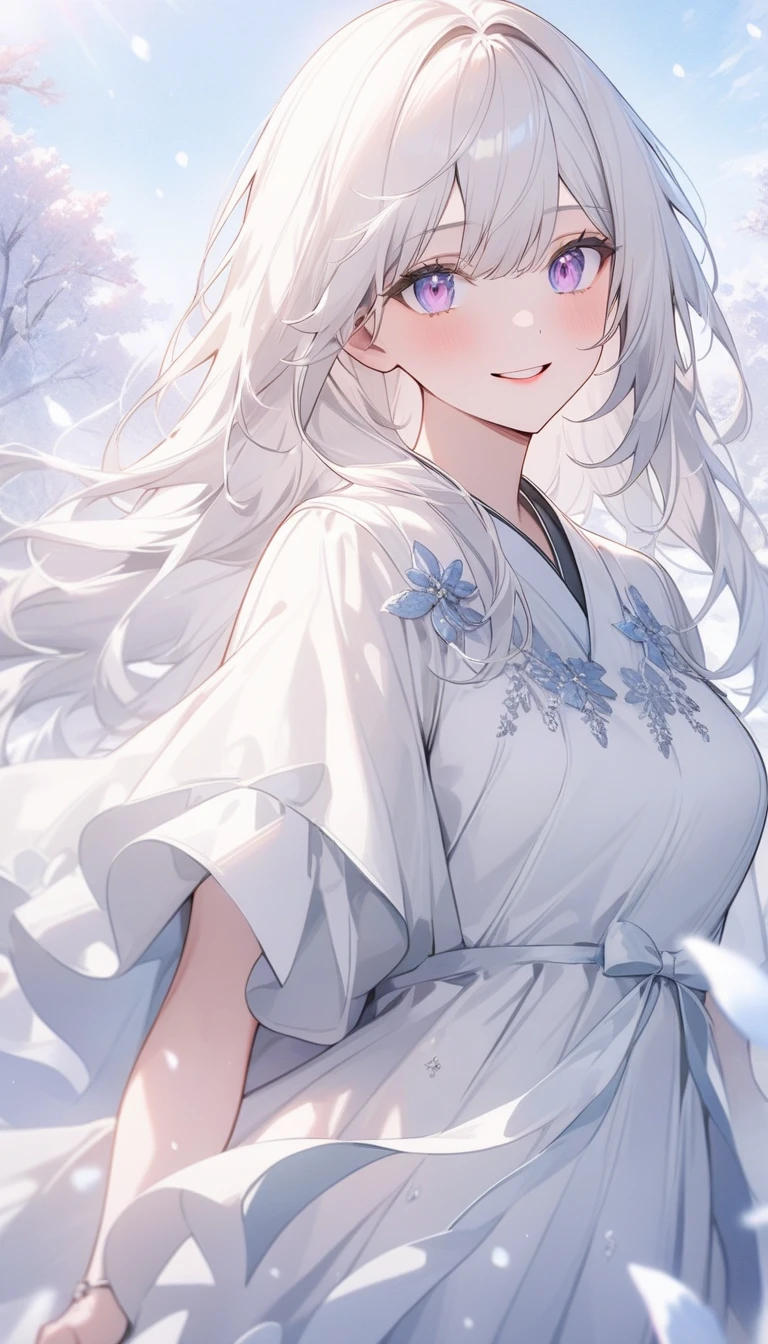 (highest quality、masterpiece、High resolution、detailed), BREAK,(Shining eyes、detailed美しい顔), beautiful anime、no text、great work, daytime, outdoor, falling flowers, white dress, 1 girl, perfect woman, Silver and white long-haired woman, gray blue eyes, pale pink lips, cold, Severe, bang, purple eyes, white clothes, black clothing line, delicate face, exquisite face, standing bow, tassel, happiness knot, smile、dynamic angle